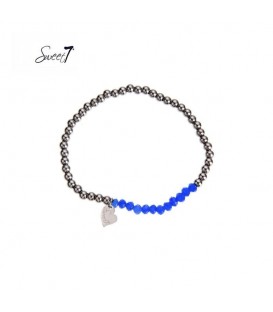 elastische armband met zilverkleurige en felblauwe kralen