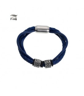 blauwe leren armband met zilverkleurige elementen