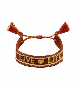 Bruin geweven armband met de woorden 'live life'