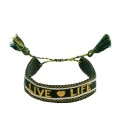 Donkergroen geweven armband met de woorden 'live life'