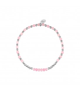elastische armband met zilverkleurige en roze kraaltjes