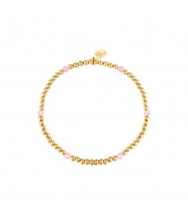 Elastische armband met goudkleurige kralen en zes roze kralen