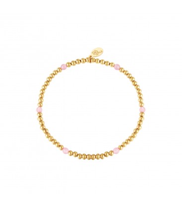 Elastische armband met goudkleurige kralen en zes roze kralen