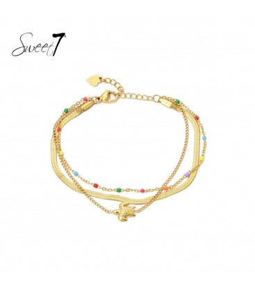 Goudkleurige armband met als bedel een schildpad en gekleurde kraaltjes